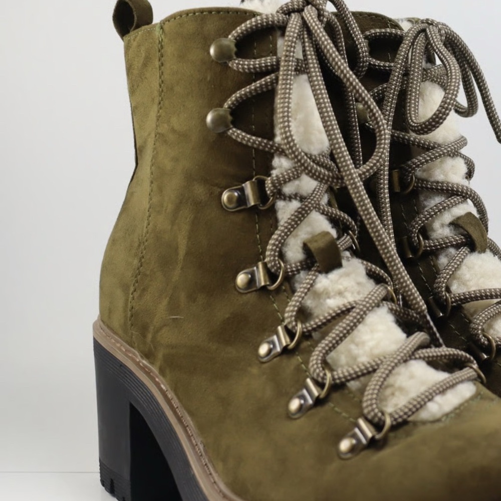 Olive Lace-Up Boots | Chunky Heel, side zip | NWOT